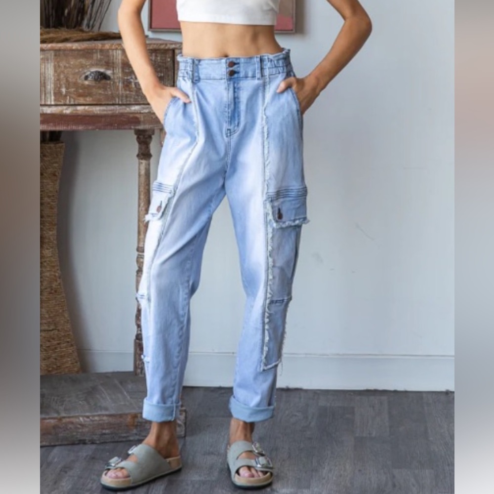 381 OLI & HALI ❤️ MINERAL WASHED ELASTIC WAIST BAND CARGO DENIM JEANS